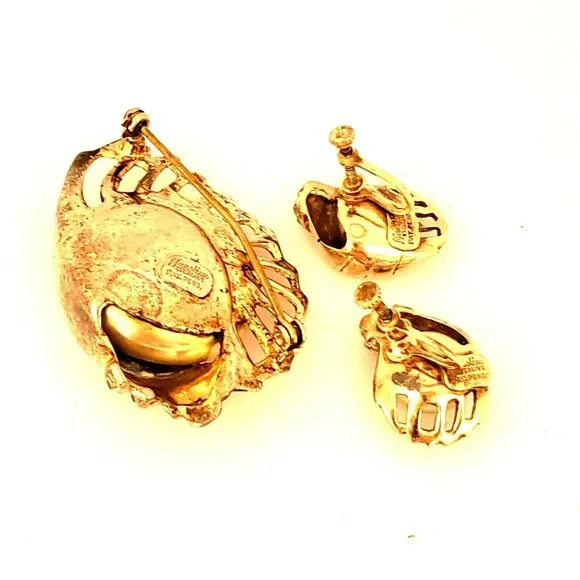 Marslieu Sterling Silver Gold Nautilus Shell Pearl Brooch Earring Set Signed VTG